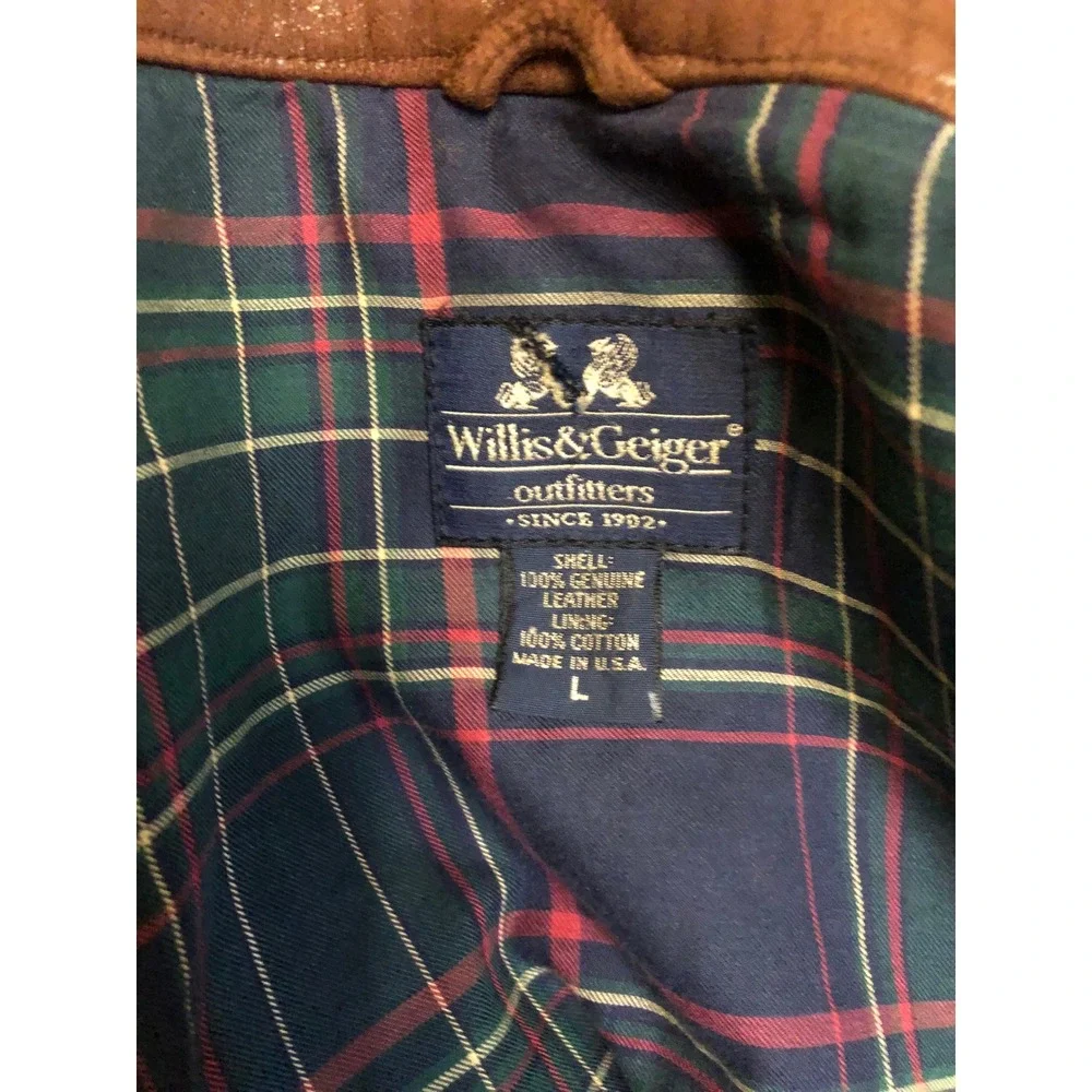 VTG Willis & Geiger‎ Leather Bomber Jacket Mens L Brown Plaid Lined Made in USA